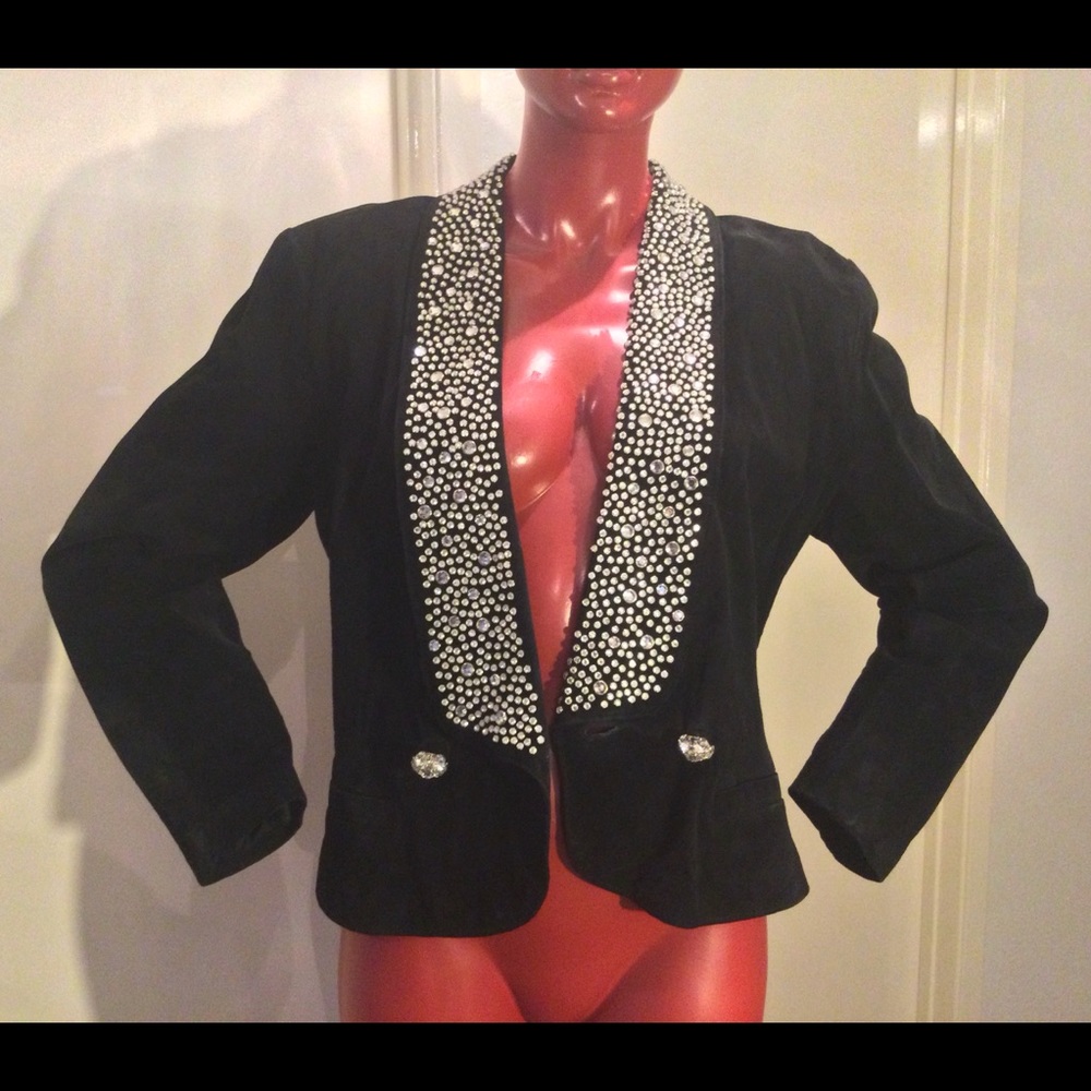 LILLIE RUBIN VINTAGE Suede Crystal Embellished Fitted Jacket. Wm Sz 8 Made USA
